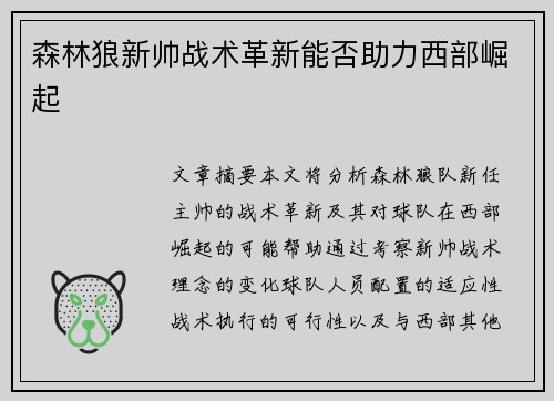 森林狼新帅战术革新能否助力西部崛起